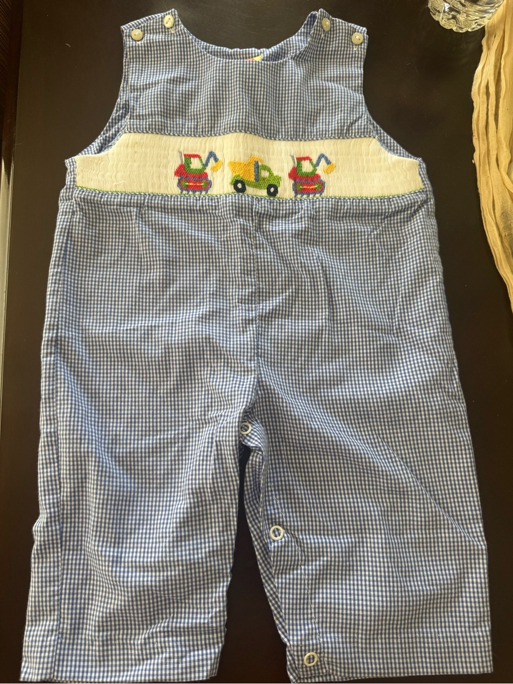 Blue Gingham Smocked Overalls with Vehicle Motif